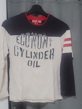 One Up Kids Long Sleeve Tee in Cream and Black with Red Accents
